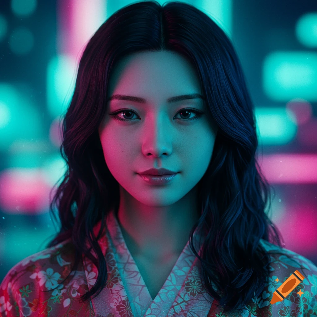 Close-up portrait of a young Japanese woman with dark hair in a floral kimono, bathed in neon pink and teal light.