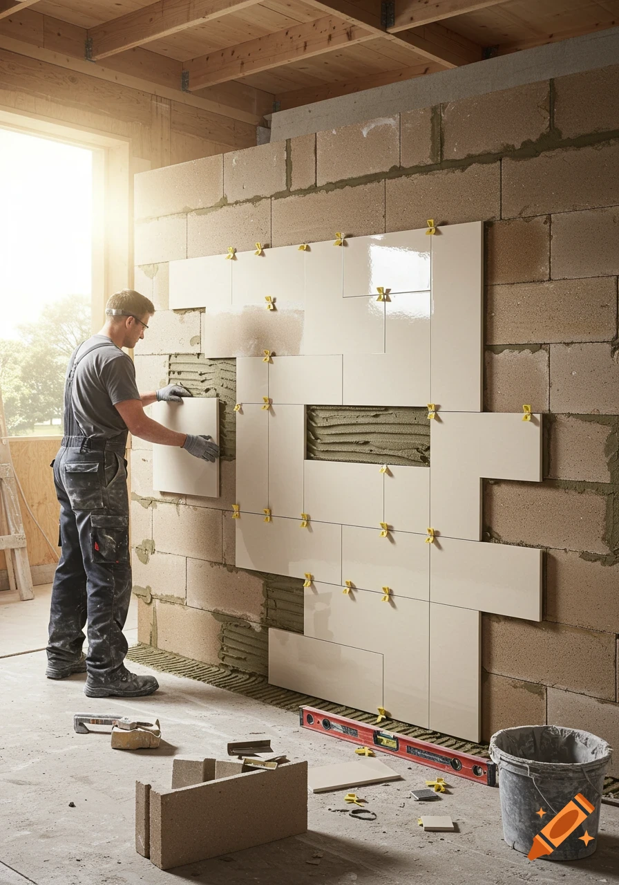 A man in work overalls carefully installs light-colored tiles onto a block wall in a bright construction setting.