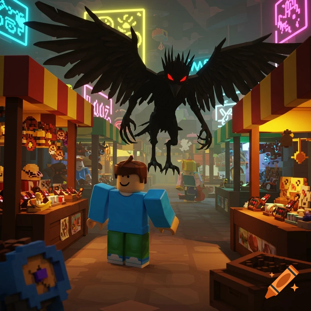 A Roblox-style character looks up at a large, dark monster with red eyes in a neon-lit marketplace.