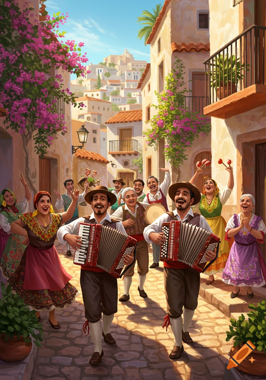 A colorful illustration of people in traditional clothes dancing and playing accordions in a sunny Mediterranean village street with white buildings and pink flowers.