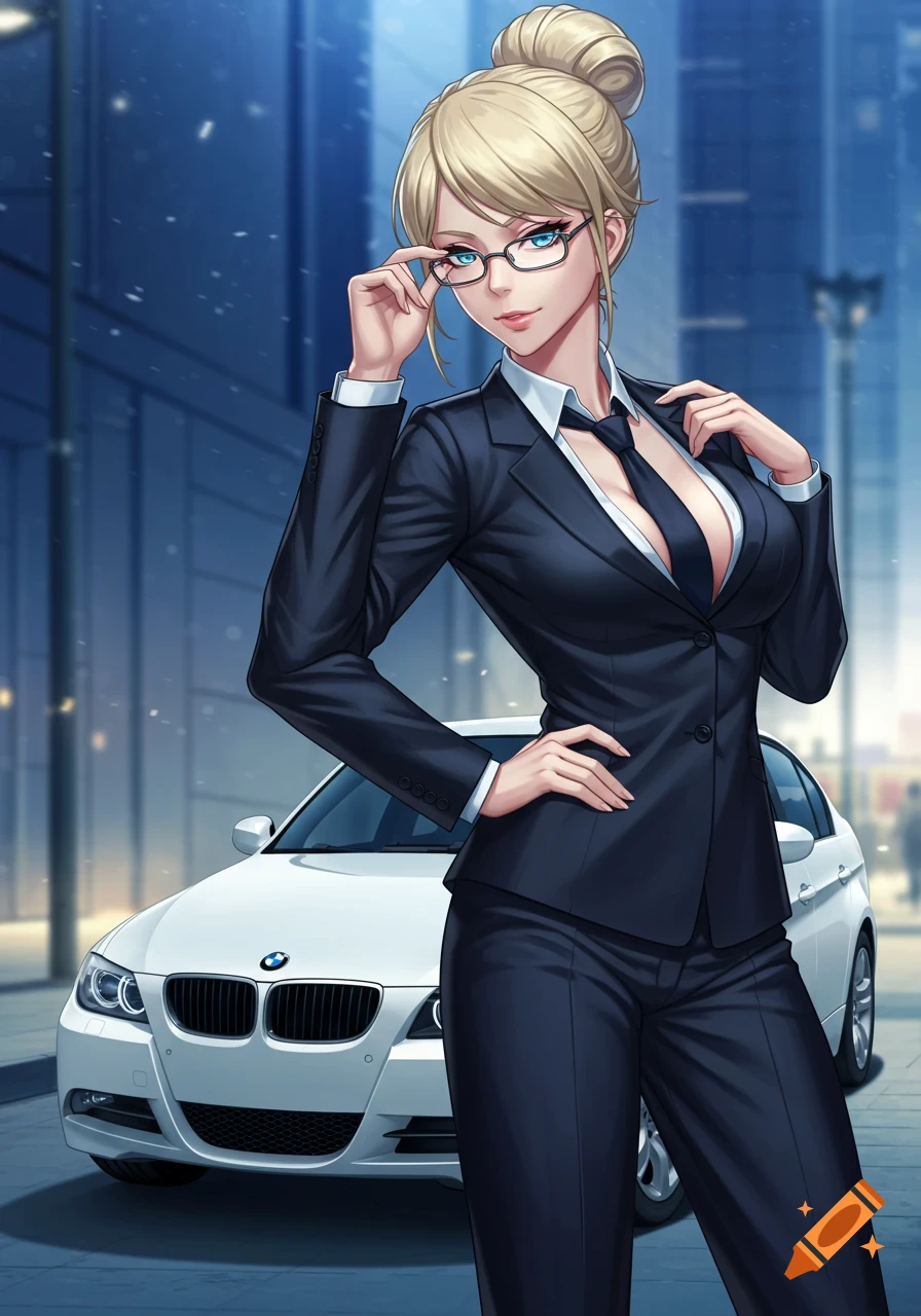 Anime woman with blonde bun, glasses, and blue eyes in a low-cut suit, standing by a white BMW.