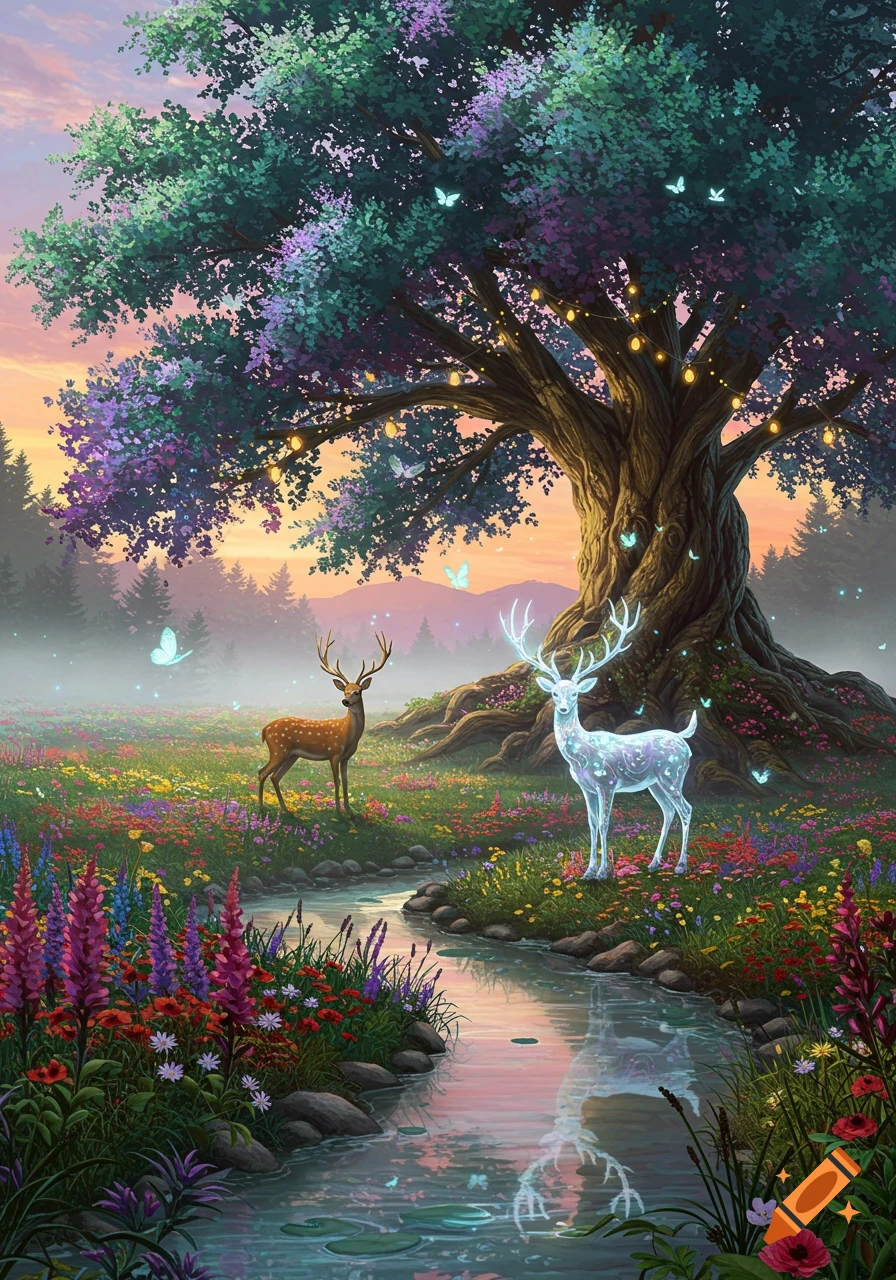 Two deer, one glowing, stand in a vibrant, flower-filled forest by a stream, under a large tree with glowing lights at sunset in a fantasy art style.