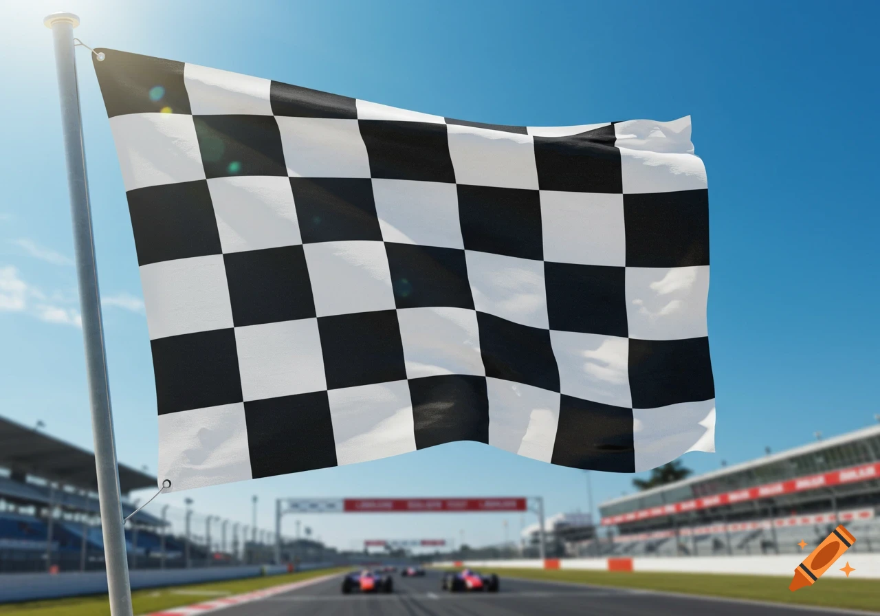 A checkered flag waves on a pole against a blue sky, with a blurred race track and race cars in the background.