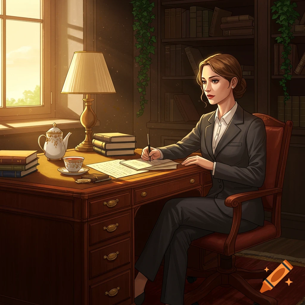 An illustrated woman in a suit writes at a wooden desk in a sunlit study with books and a teacup.