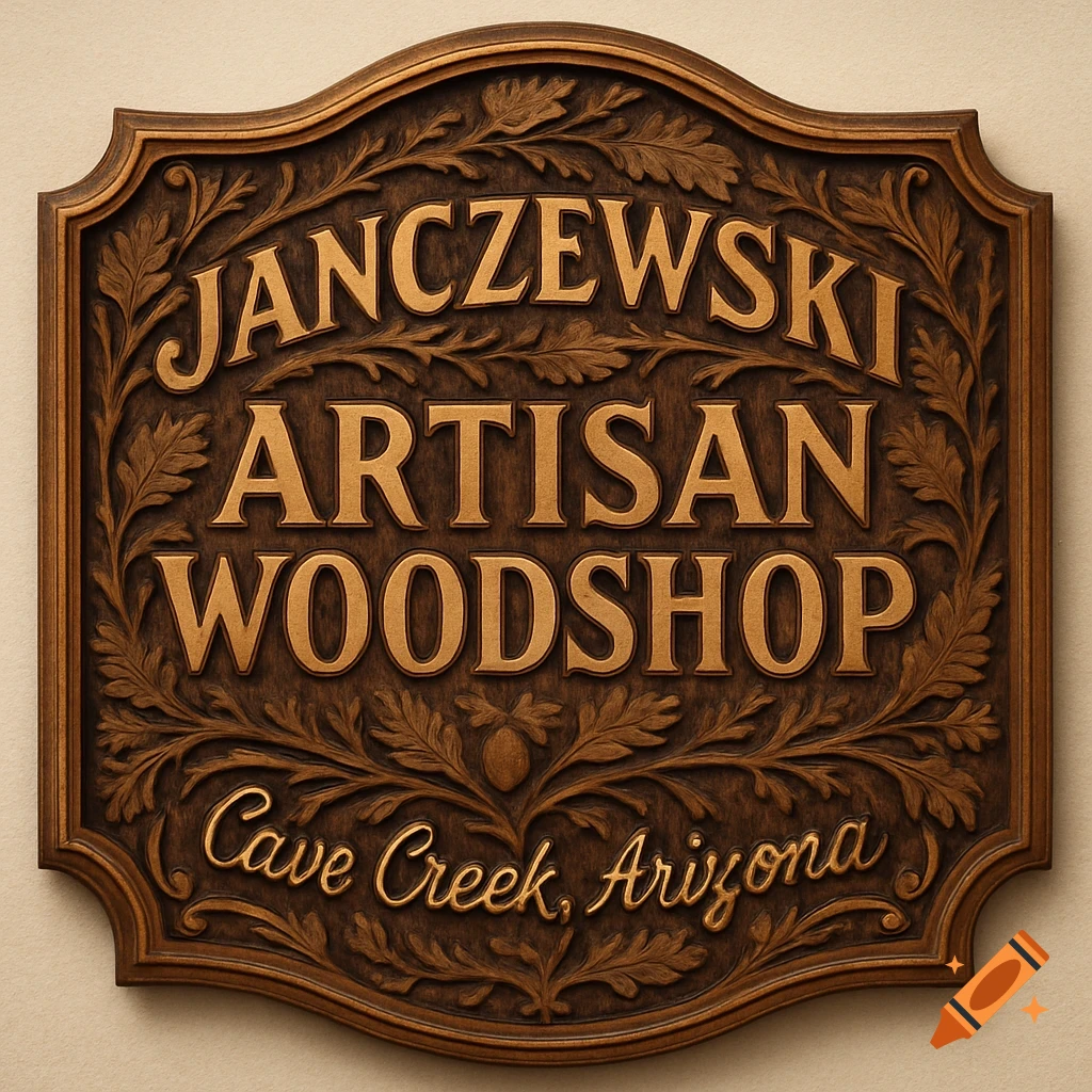 An ornate carved wooden sign for Janczewski Artisan Woodshop, Cave Creek, Arizona, featuring gold lettering and intricate leaf patterns.