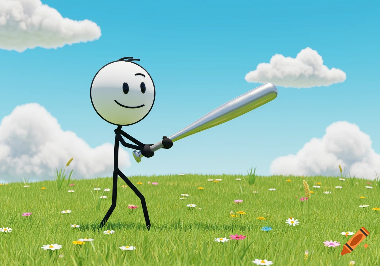 A smiling stick figure holds a silver baseball bat in a sunny green field with flowers under a blue sky.