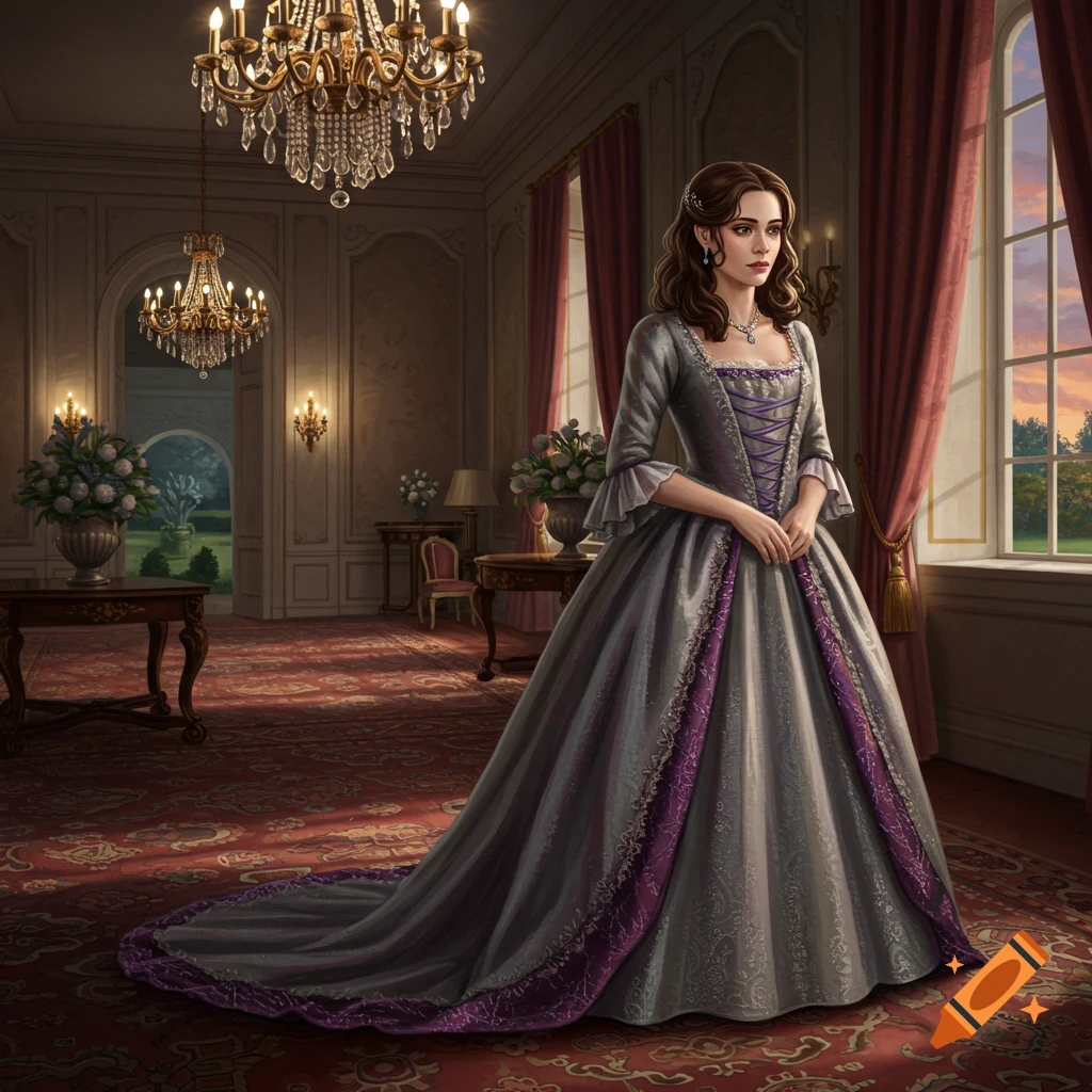 A young woman in a gray and purple historical dress stands in a grand room with chandeliers and windows overlooking a garden.
