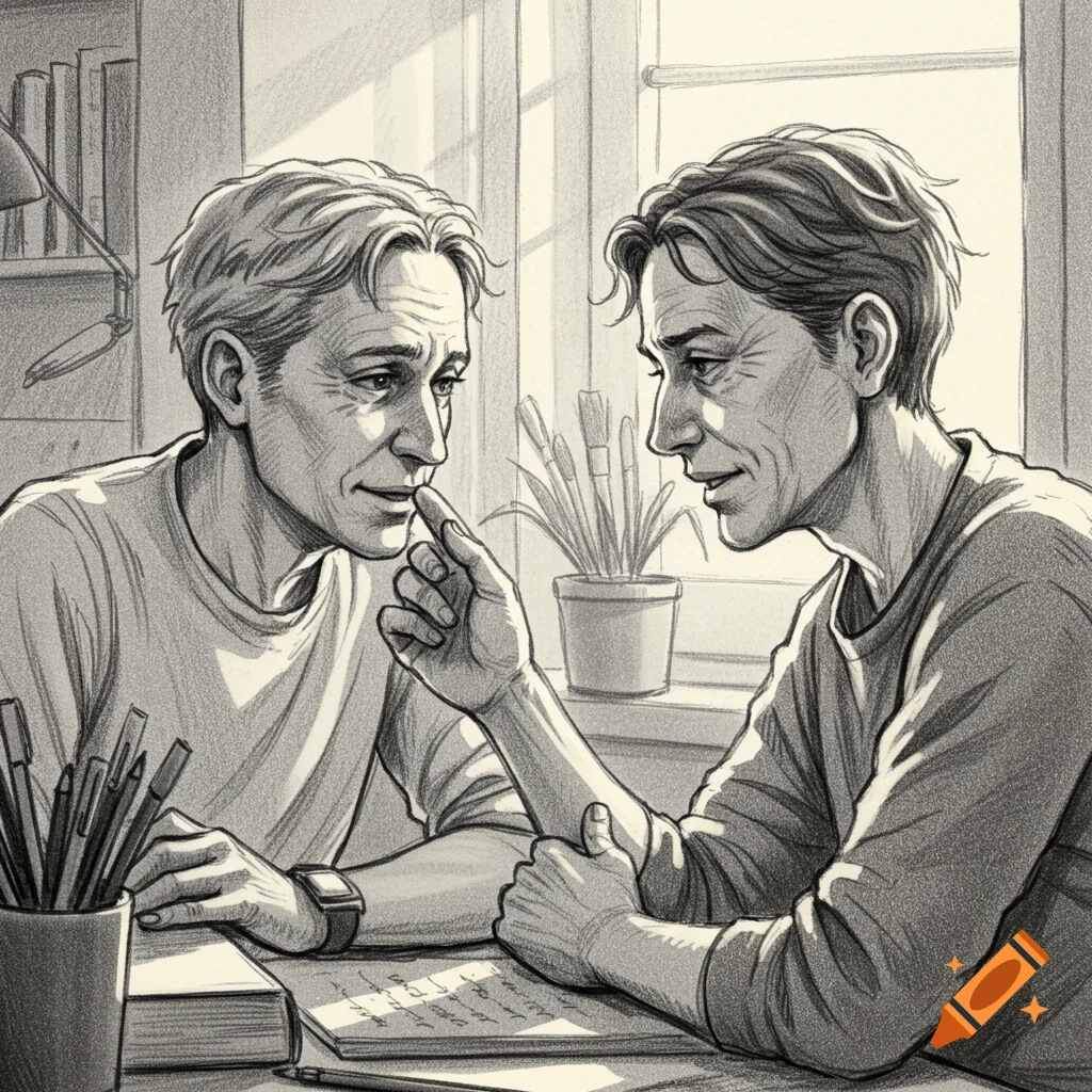 A monochromatic sketch depicts two men in conversation at a table, with one gently touching the other's chin.