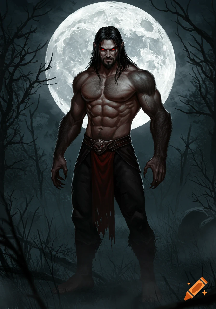 Muscular male vampire-werewolf hybrid with red eyes and claws stands shirtless in a dark forest under a full moon, fantasy art style.