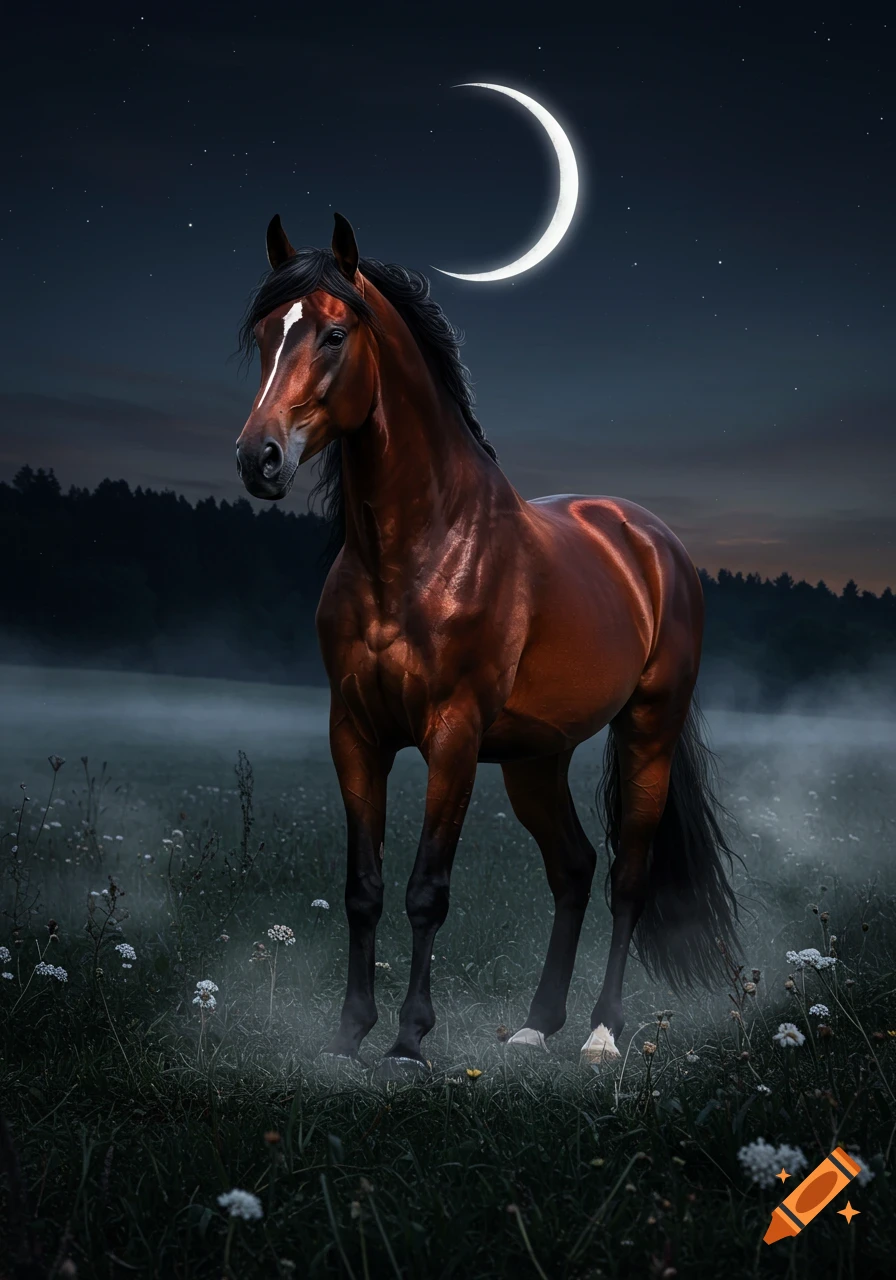 A majestic brown horse stands in a misty field at night under a clear sky with a crescent moon and stars.
