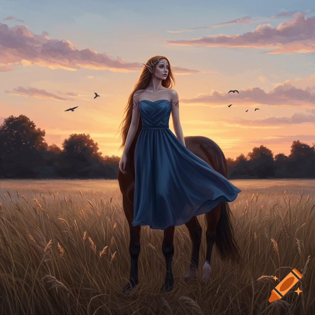 A centauress in a blue dress stands in a golden field at sunset, looking to the side.