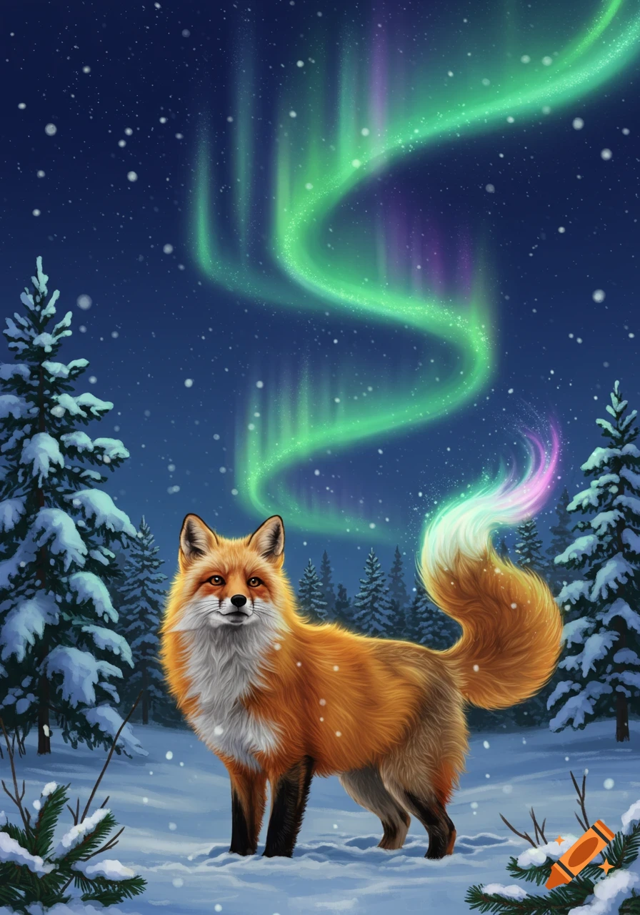 An illustrated red fox stands in a snowy forest at night, with green and purple Northern Lights in the sky and emanating from its tail.