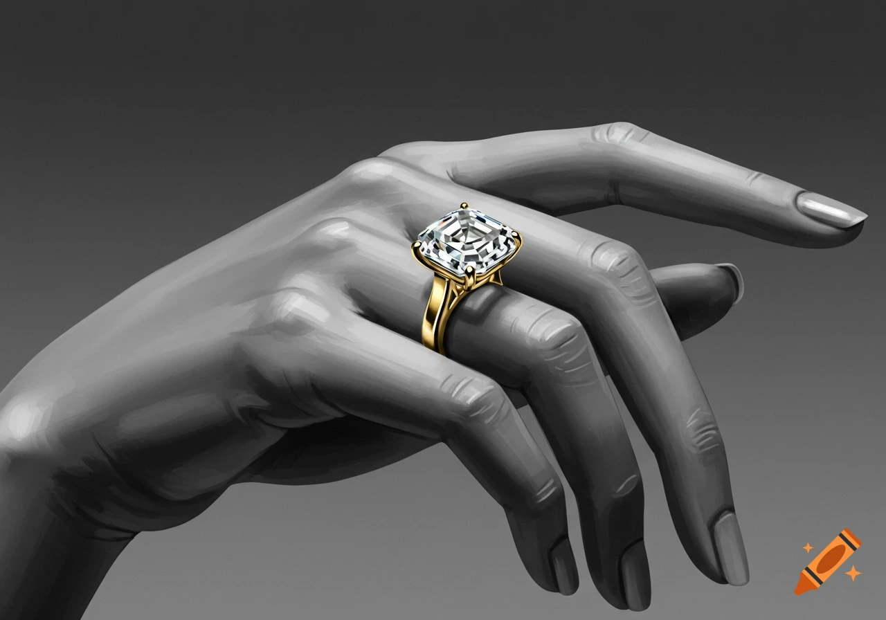 A stylized black and white hand wearing a gold ring with a large, sparkling emerald-cut diamond in full color.