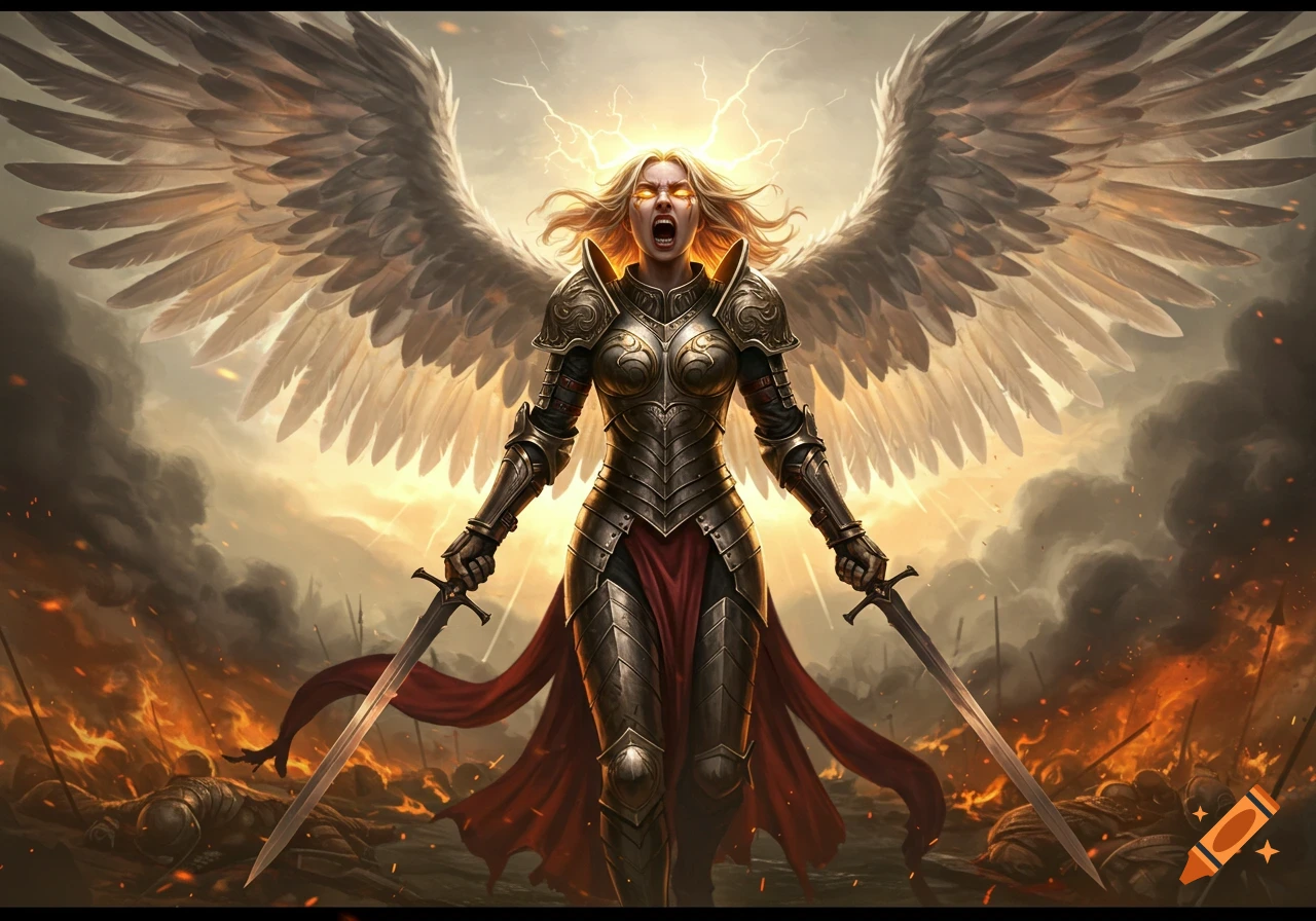 A powerful female angel warrior in ornate armor, dual-wielding swords, screams in rage amidst a fiery battlefield.