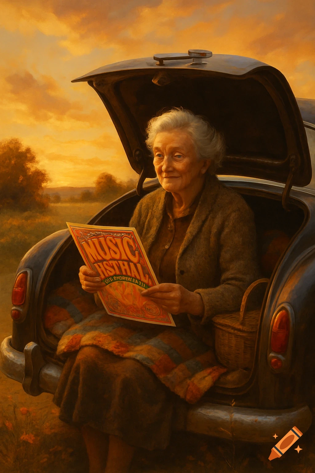 Painterly image of an elderly woman sitting in a classic car's trunk, holding a poster, bathed in golden sunset light.