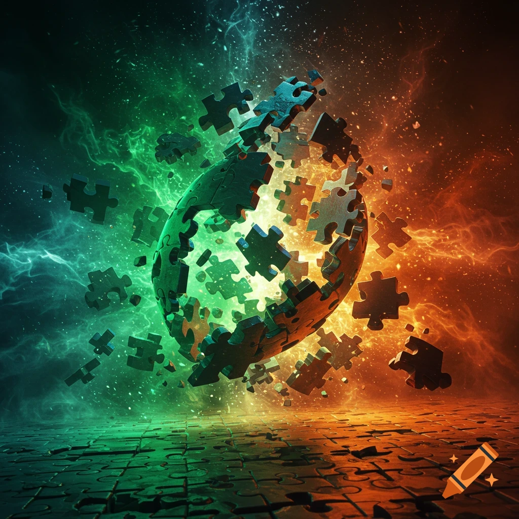 A sphere made of puzzle pieces bursts apart, with more pieces scattering against a dynamic green and orange energy background.