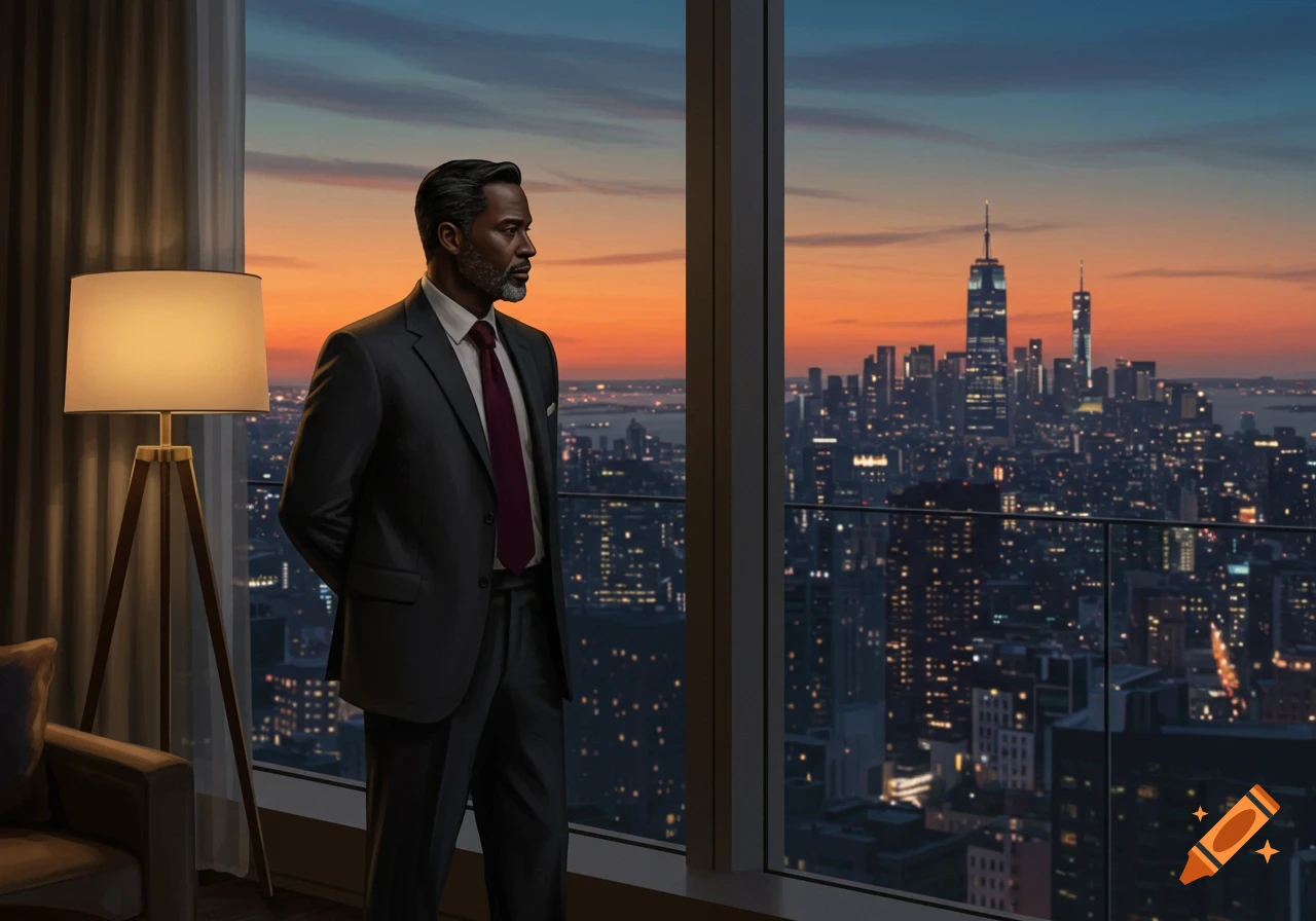 A man in a suit looks out a window at a photorealistic city skyline during a vibrant sunset.