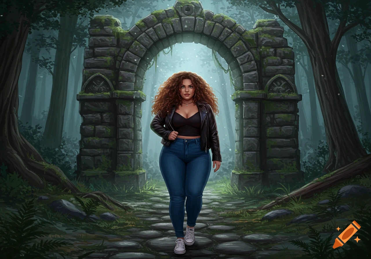 A plus-size woman with long curly hair, wearing a black top, biker jacket, and jeans, stands before a mossy stone arch in a dark, misty forest.