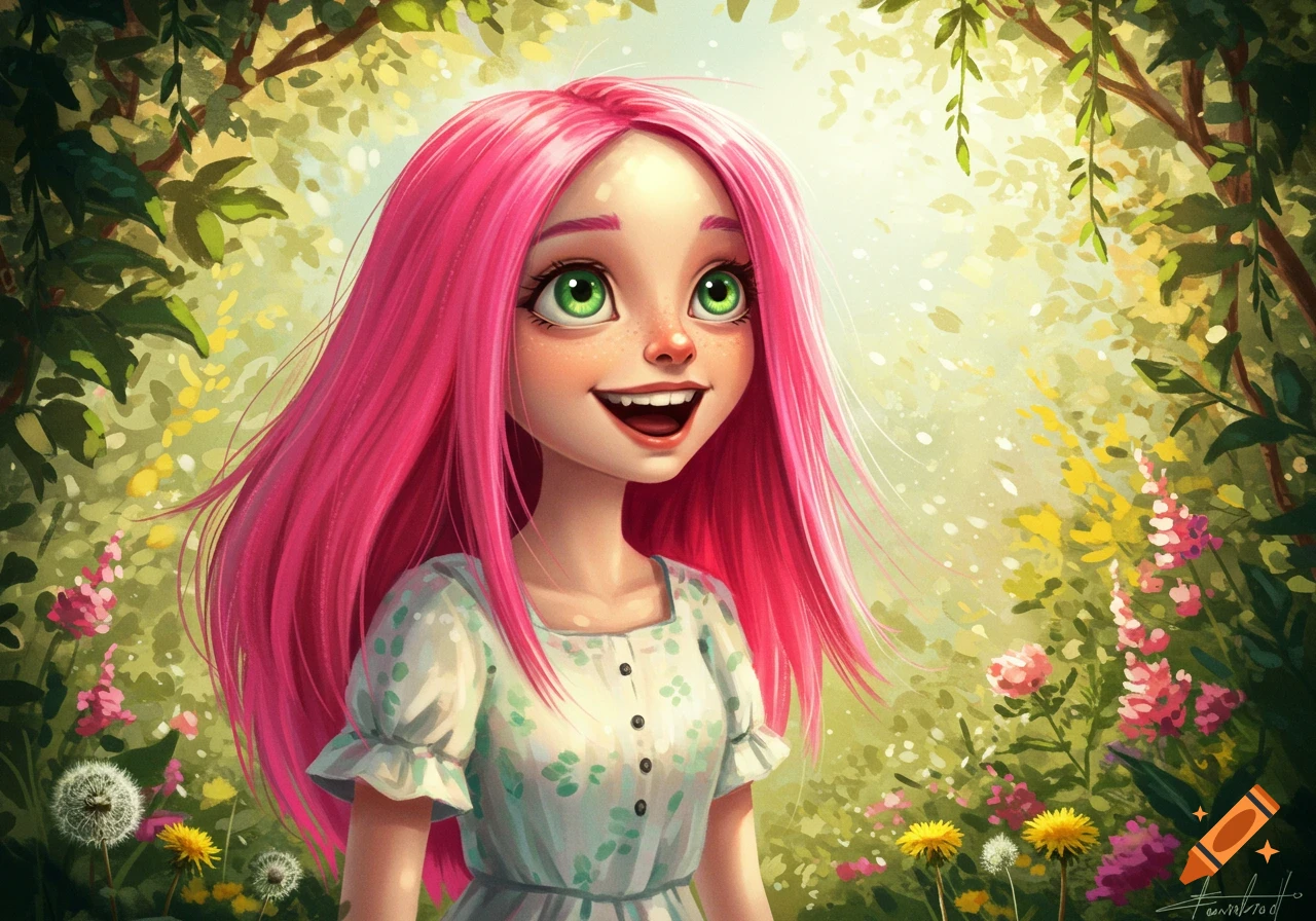 A cheerful cartoon girl with long pink hair and green eyes, wearing a white floral dress, smiles in a sunny meadow with flowers.