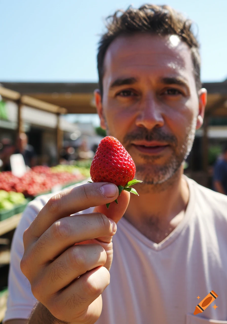 A man holds a single red strawberry close to the camera, with a market in the blurred background under a sunny sky.