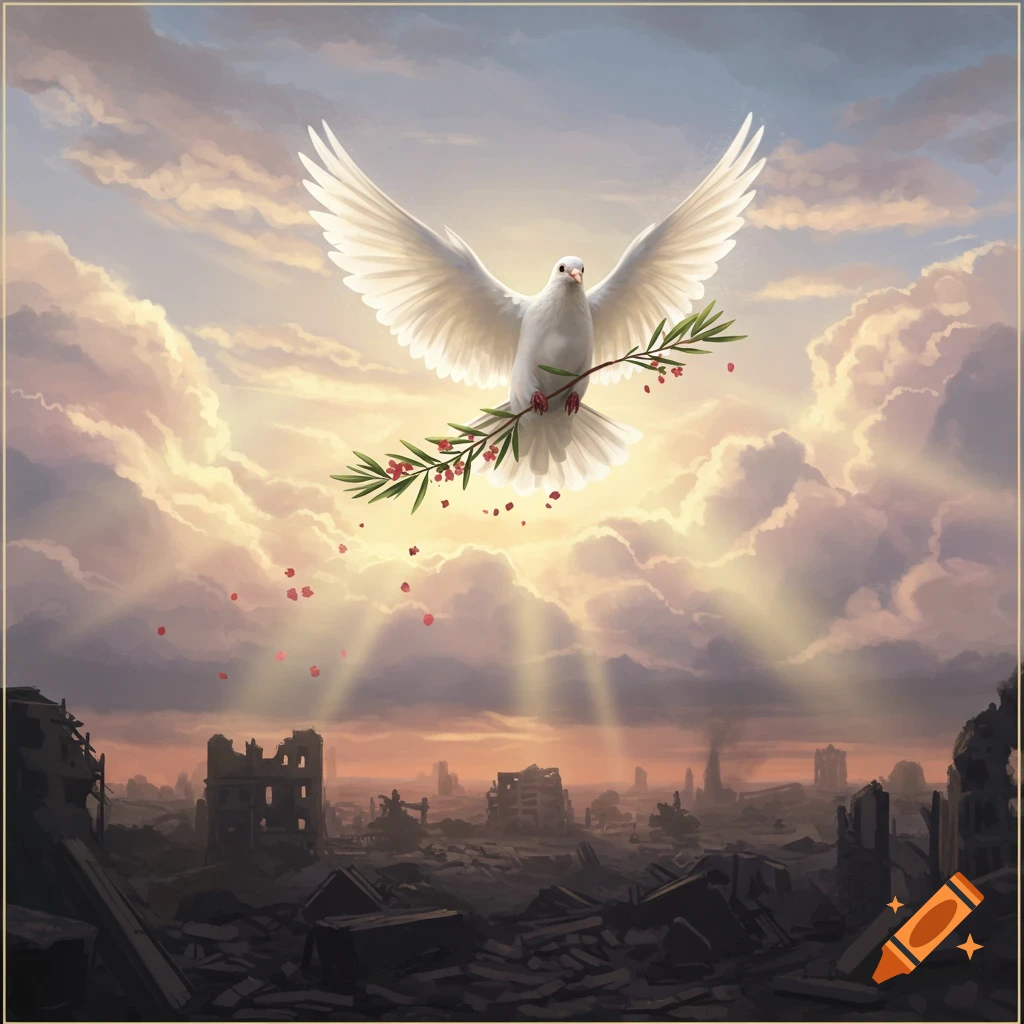 A white dove with an olive branch flies through a cloudy, golden sky above a destroyed, war-torn city, symbolizing peace.