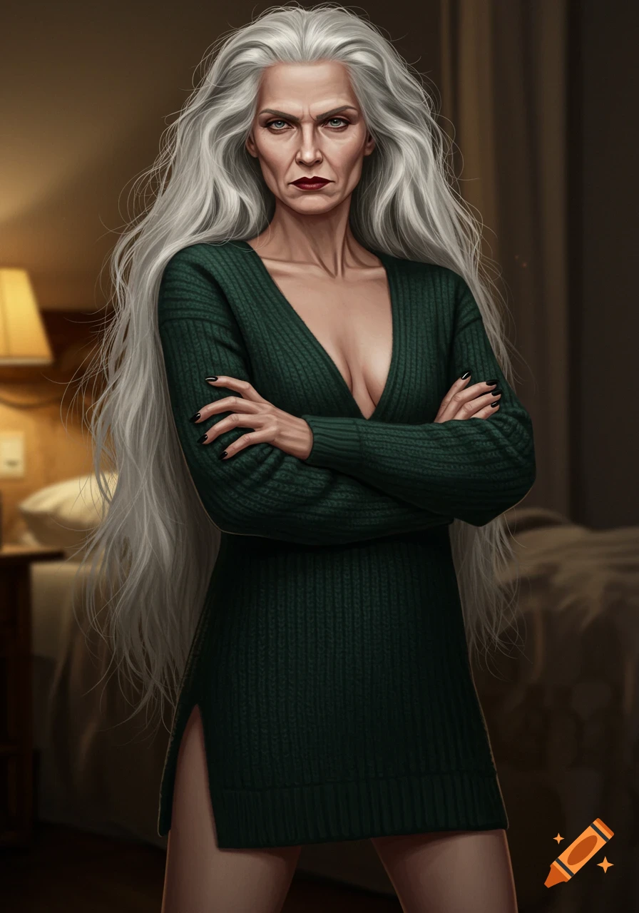 A serious-looking mature woman with long silver hair, black nails, and dark lipstick, wearing a deep V-neck green sweater dress, standing with crossed arms in a dim bedroom.
