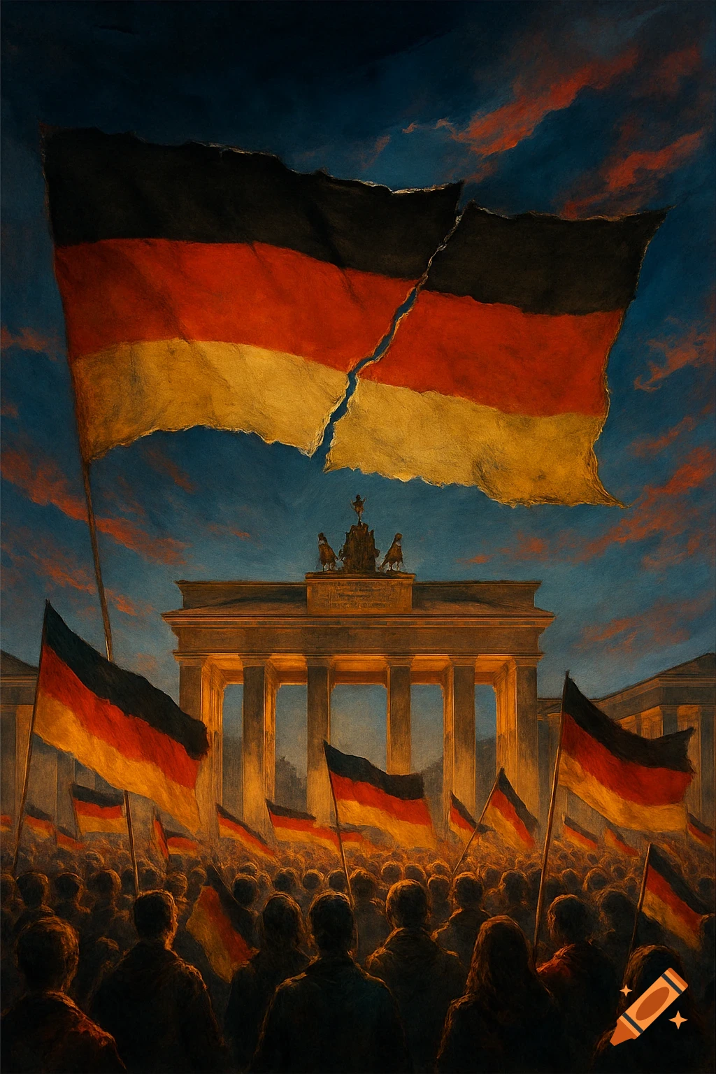 A painterly illustration shows a crowd with German flags in front of the Brandenburg Gate, under a large, ripped German flag.