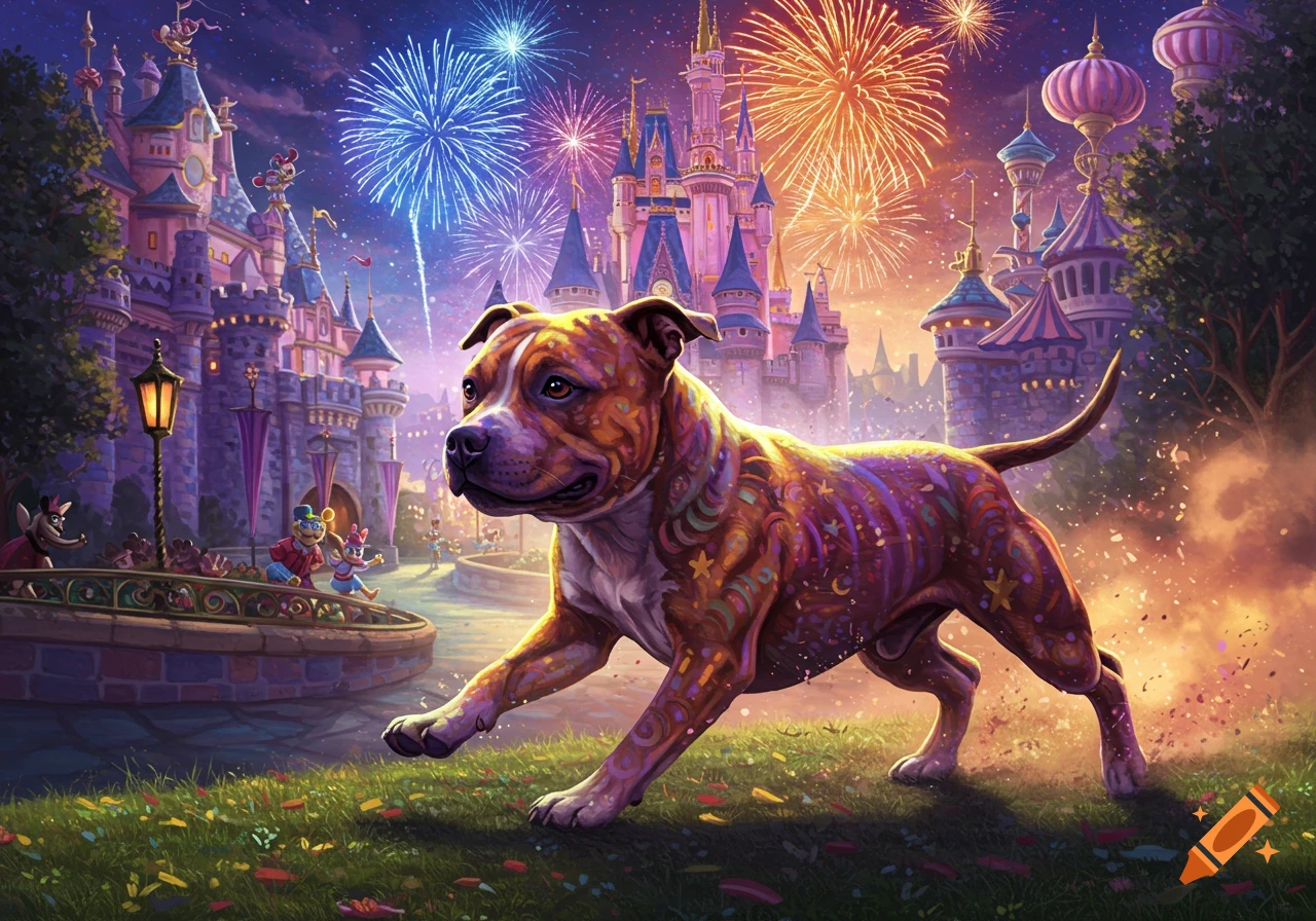 A colorful, patterned Staffordshire bull terrier runs on grass in front of a vibrant purple fantasy castle with fireworks at night.