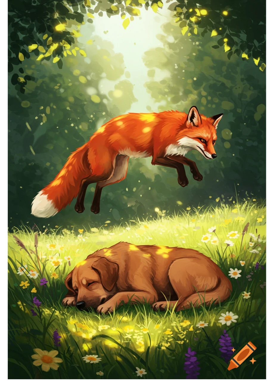 A stylized illustration of a red fox jumping over a brown dog sleeping peacefully in a sunny, flower-filled meadow.