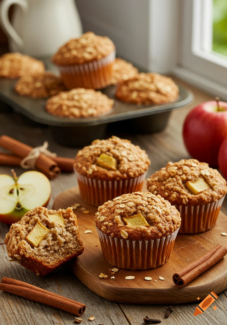 Photorealistic image of spiced apple and oat muffins on a wooden board with apples, cinnamon sticks, and a muffin tin.