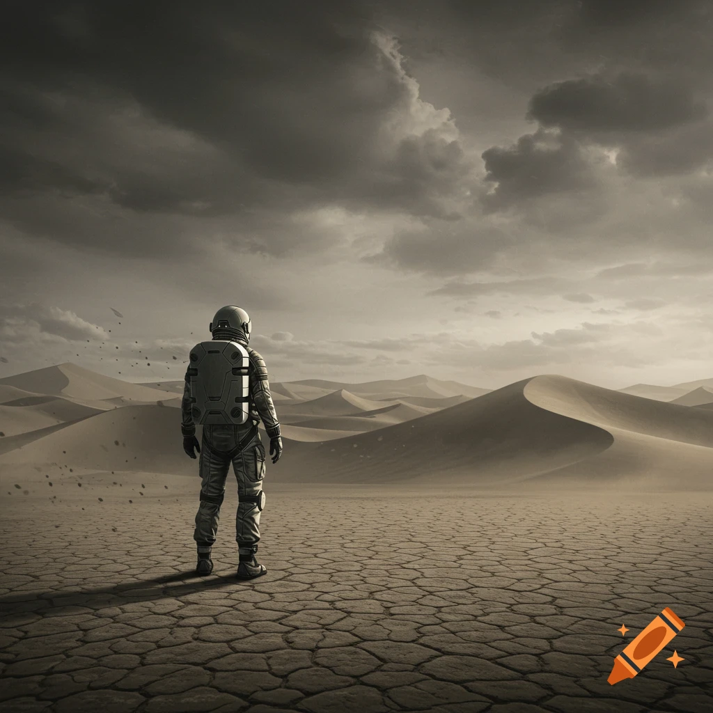 An astronaut in a spacesuit stands facing away in a vast, cracked desert landscape under a cloudy gray sky.