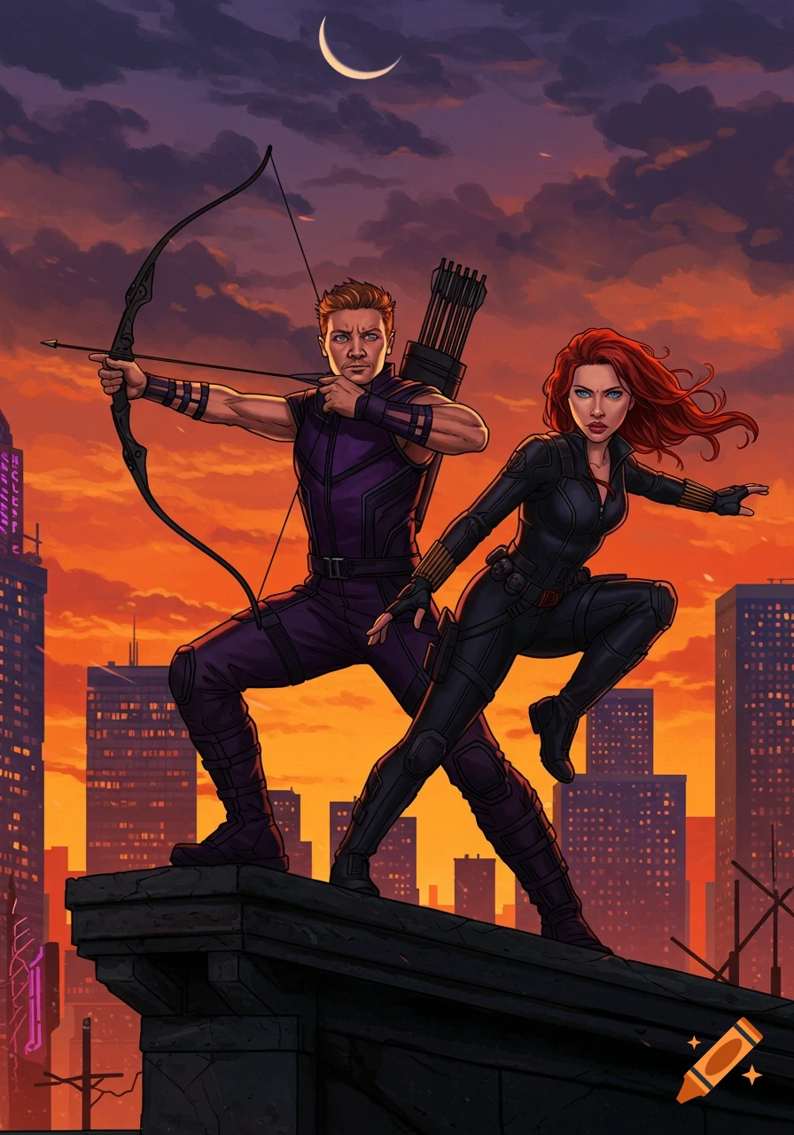 Hawkeye aims his bow next to Black Widow, who is in a ready stance, on a cityscape rooftop at sunset, comic book style.