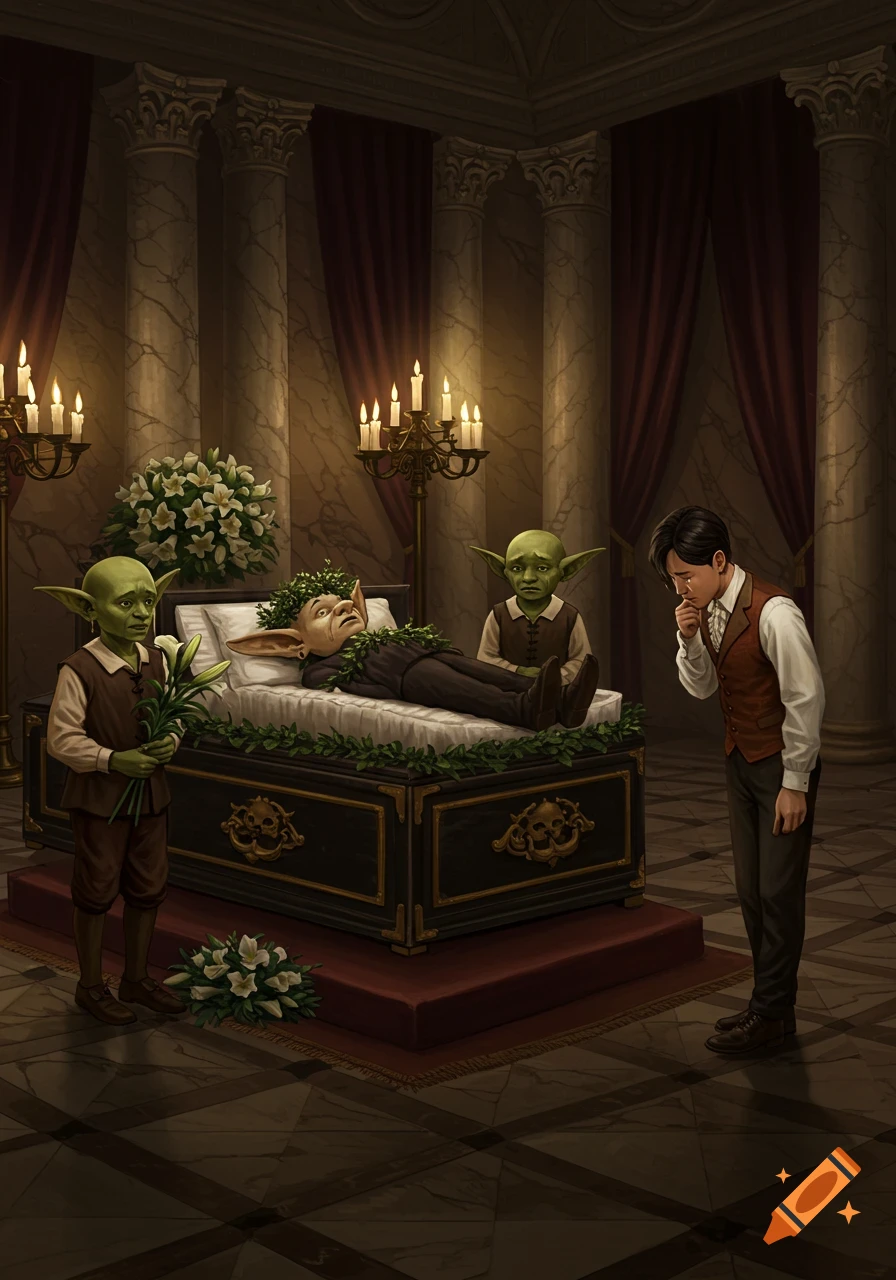 An illustrated baroque funeral for a goblin, mourned by two goblins and a crying young man in a grand hall.