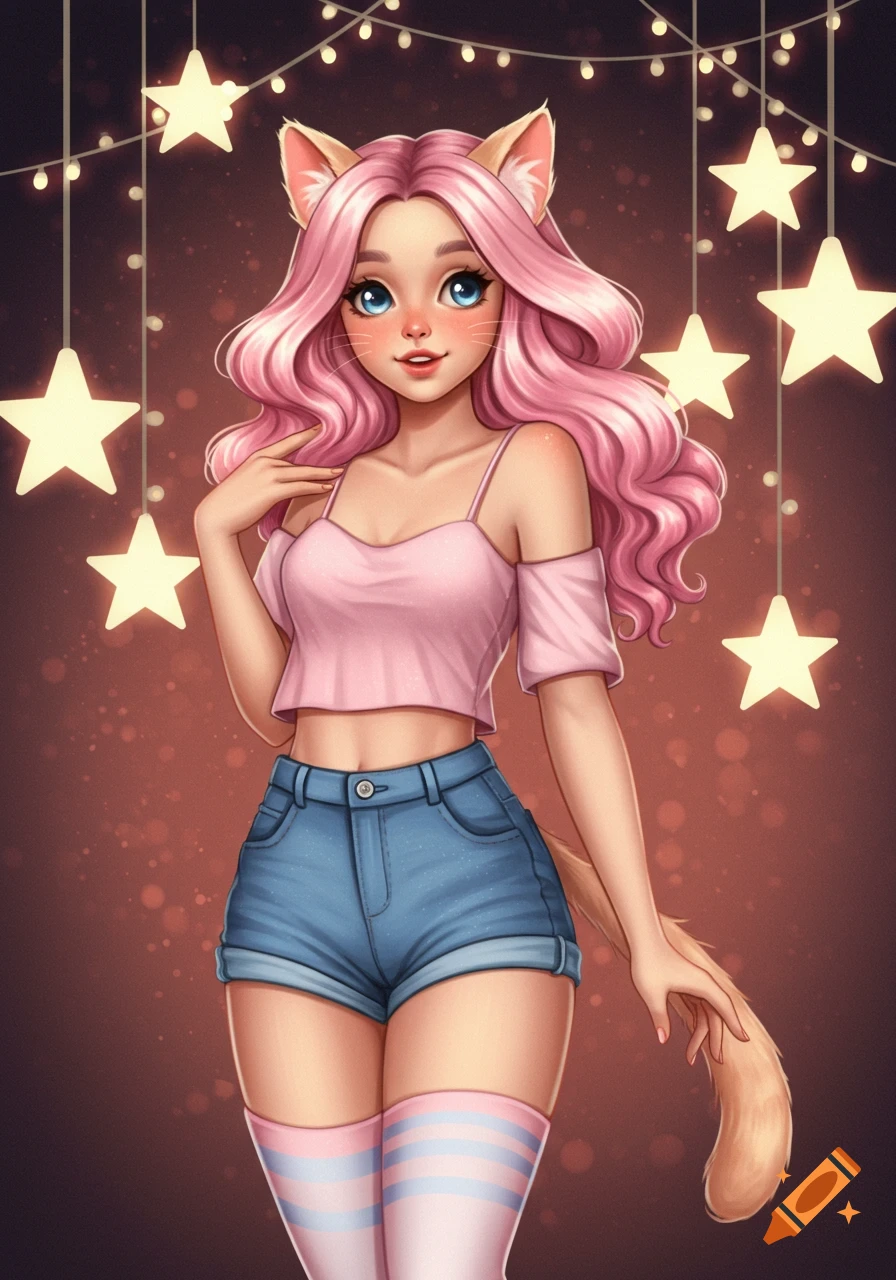 A stylized illustration of a cute cat girl with pink hair, blue eyes, pink crop top, denim shorts, and striped thigh-high socks, standing under hanging star lights.