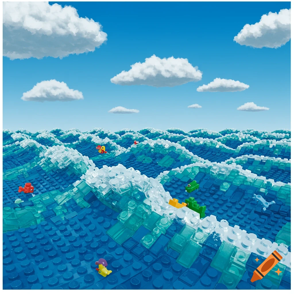 A vibrant Lego ocean scene with blue and clear bricks forming waves, under a bright blue sky with white clouds, and tiny Lego figures.
