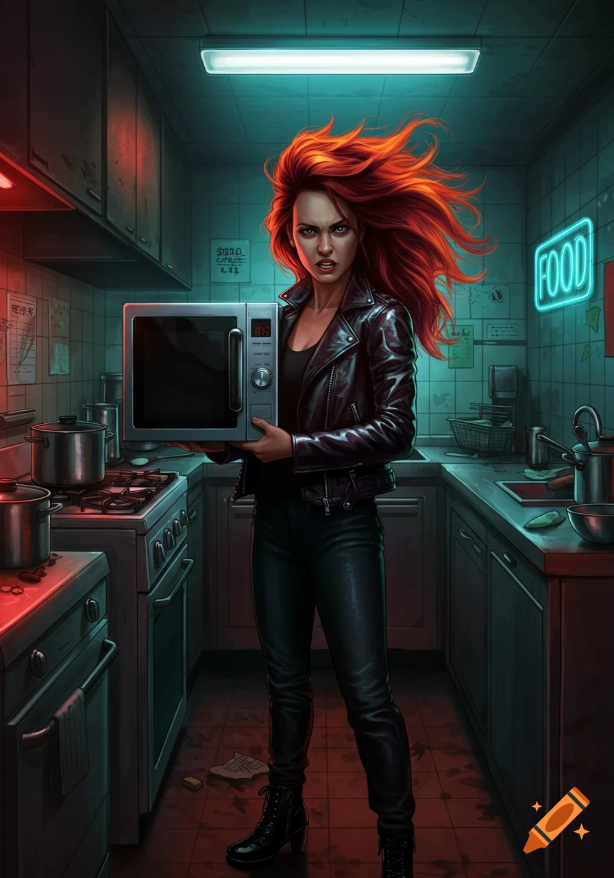 An angry woman with flowing red hair, dressed in a black leather jacket and pants, stands in a dark, neon-lit kitchen, holding a microwave.