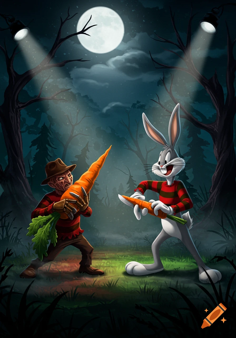 Cartoon Freddy Krueger and Bugs Bunny duel with giant carrots in a spooky forest under a full moon, lit by spotlights.