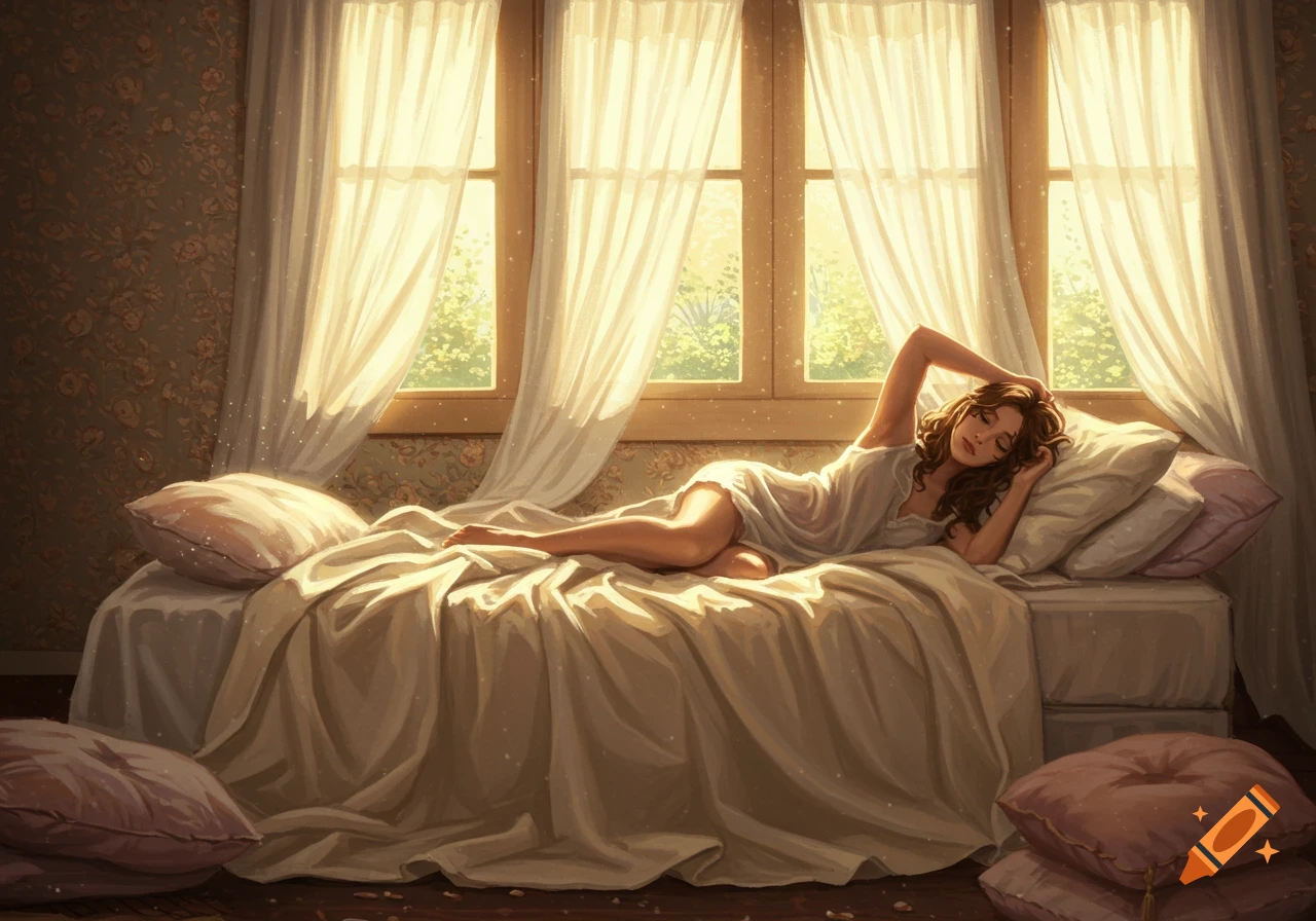 Illustration of a woman in a nightgown relaxing in a sunlit bed by a window.