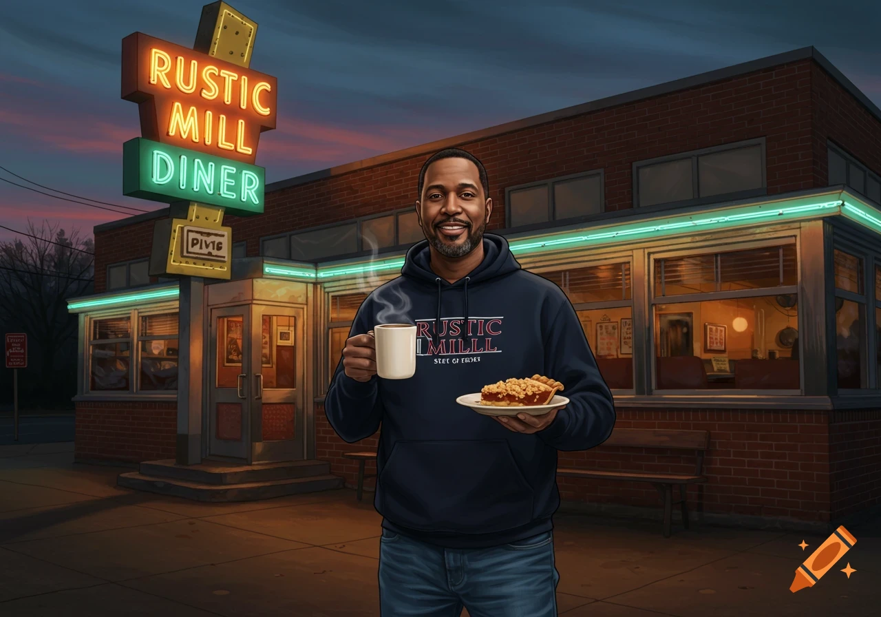 An illustration of a smiling Black man in a dark blue hoodie, holding a coffee mug and a slice of pie in front of a neon-lit diner at dusk.