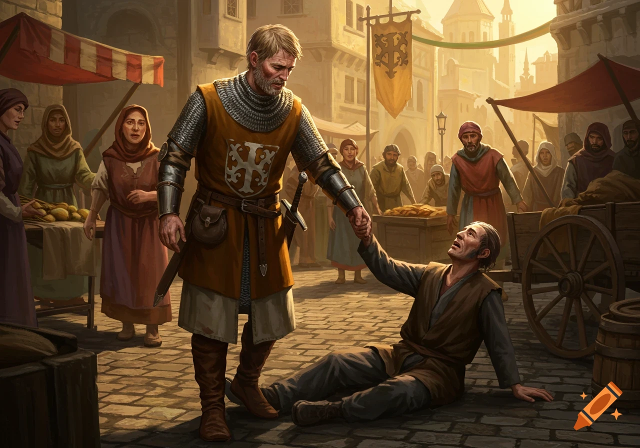 A medieval soldier in armor helps a man from the ground in a busy town square, surrounded by people and market stalls.