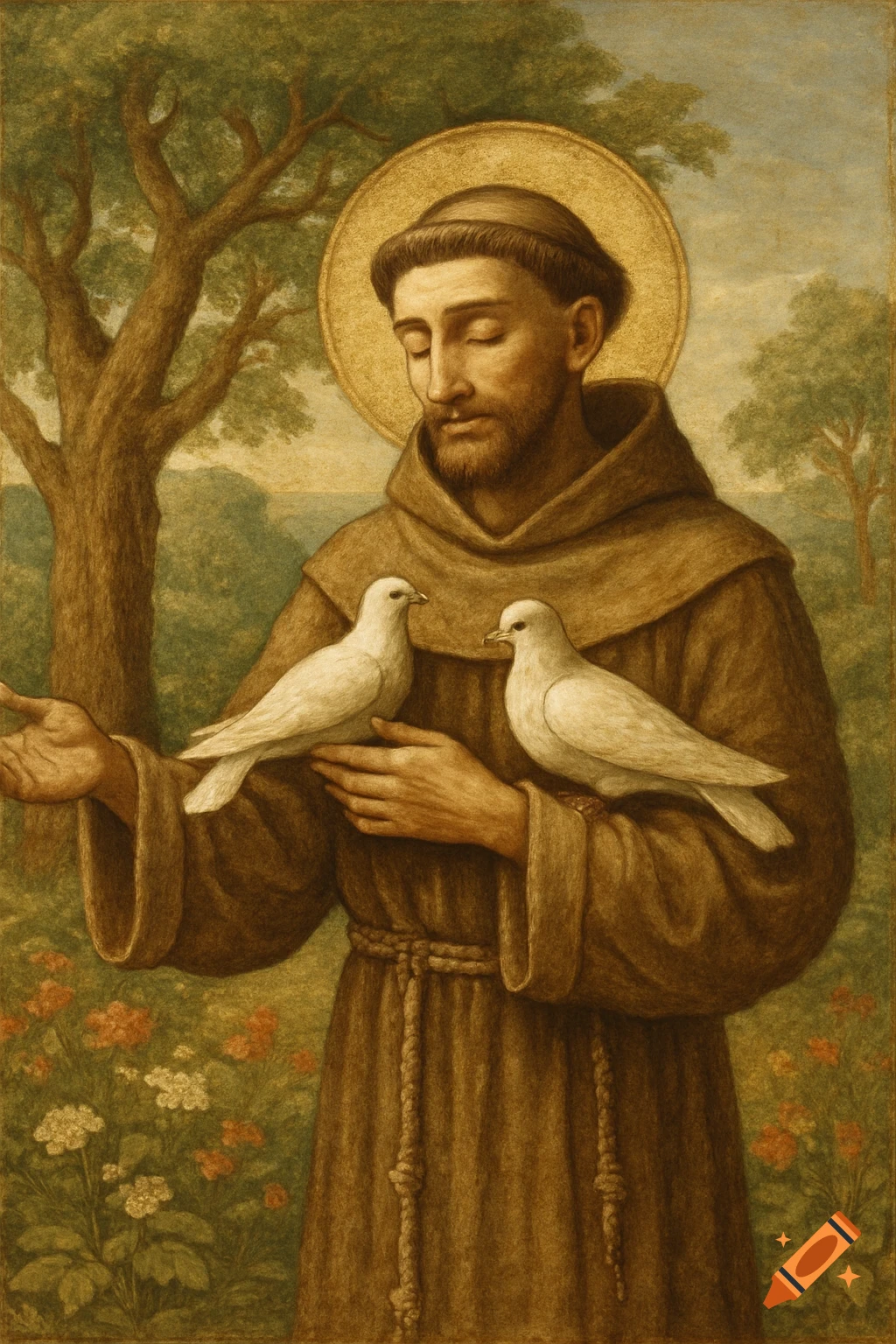A classical painting of Saint Francis, with a halo, holding two white doves in a green garden.