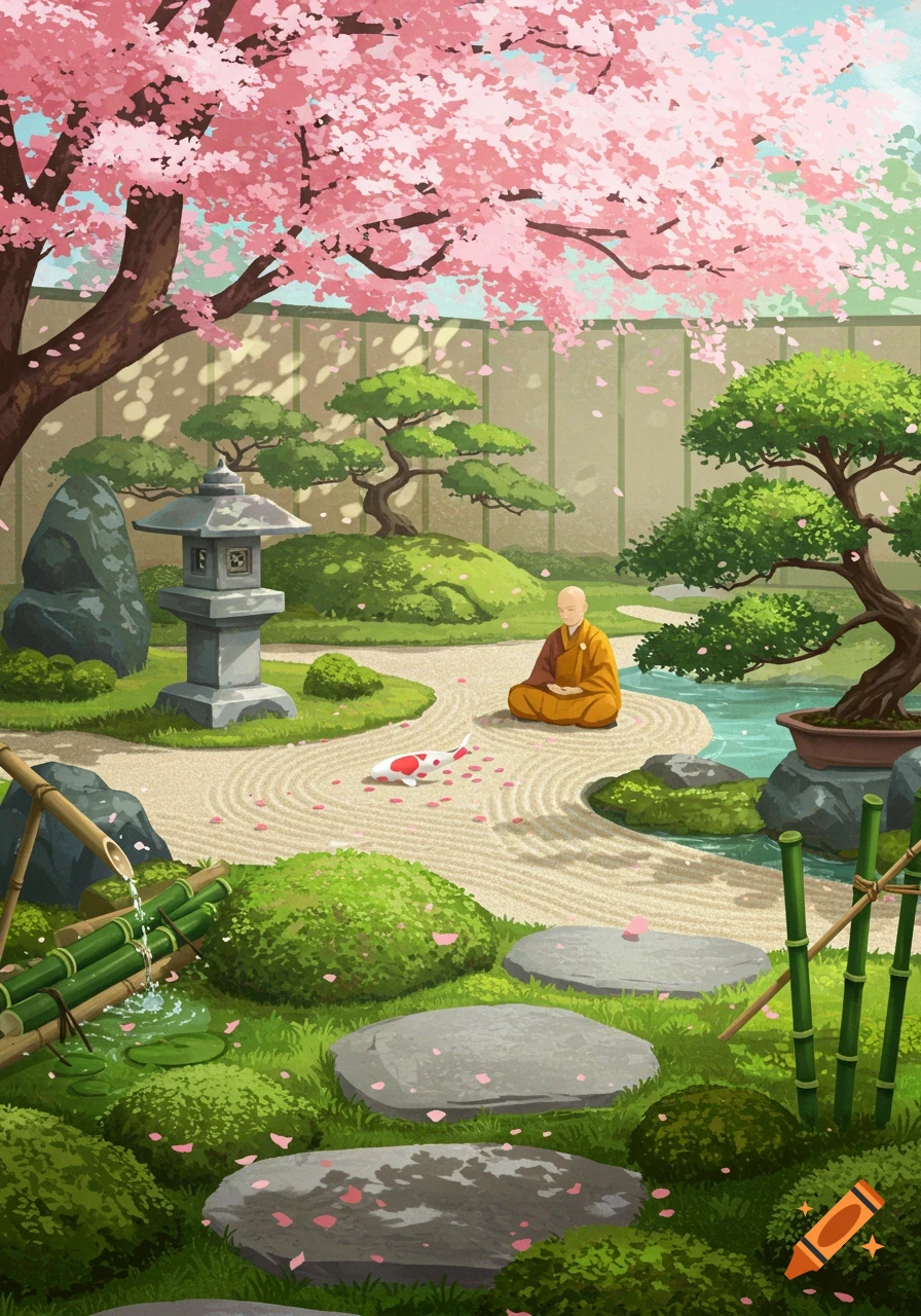 A serene Japanese zen garden with a meditating monk under a blooming cherry tree, surrounded by rocks, moss, and a small stream.