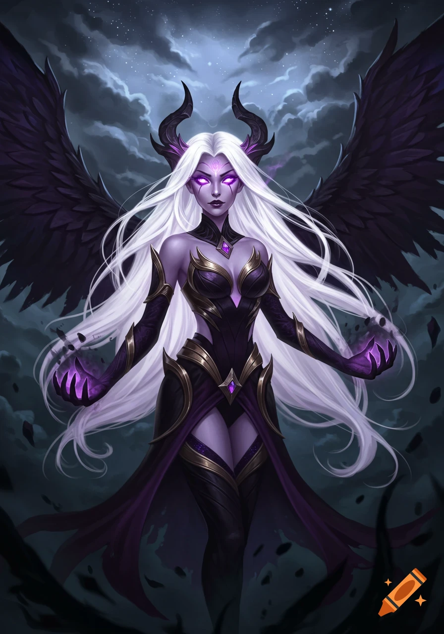 A fantasy character with long white hair, purple skin, glowing purple eyes, black horns, and large black wings, wearing dark and gold armor, casting purple magic.