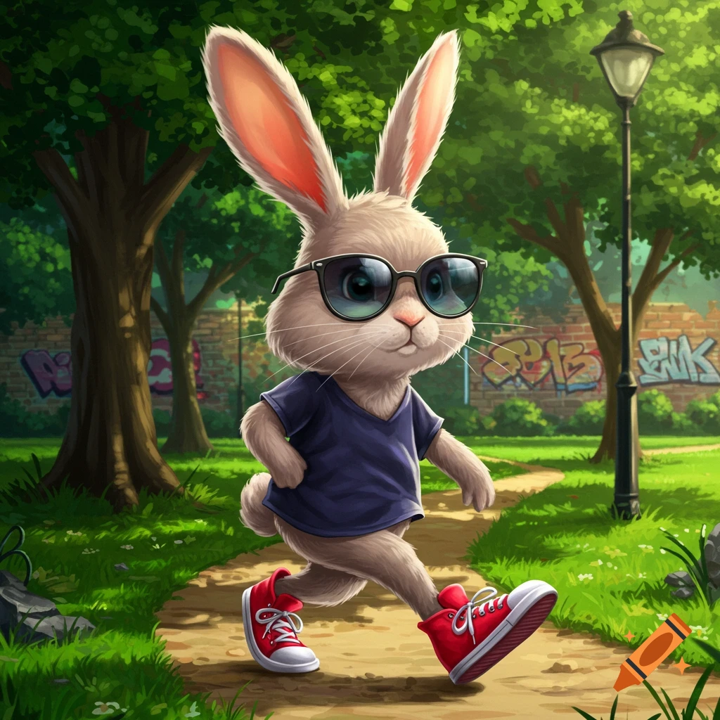 A cute, stylized brown rabbit wearing sunglasses, a blue t-shirt, and red sneakers walks along a path in a green park.