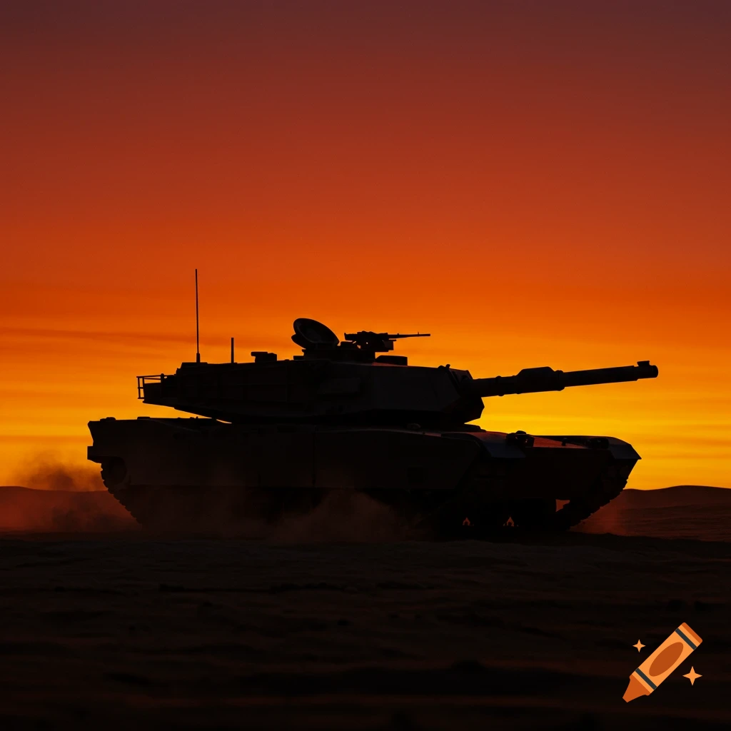 A dark silhouette of an M1A2 tank on a sandy terrain against a vibrant orange and red sunset sky.