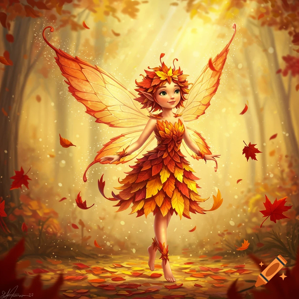 A cute fall fairy with leaf wings and a dress made of autumn leaves, standing in a sunlit forest with falling leaves.