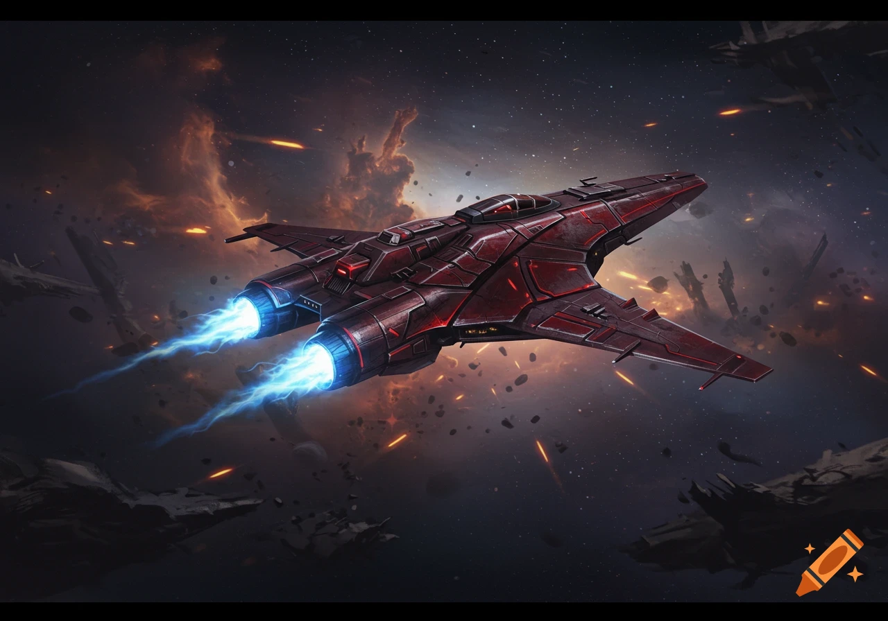 A dark red futuristic fighter spaceship with glowing blue engines flies through a starfield with nebulae, explosions, and debris.