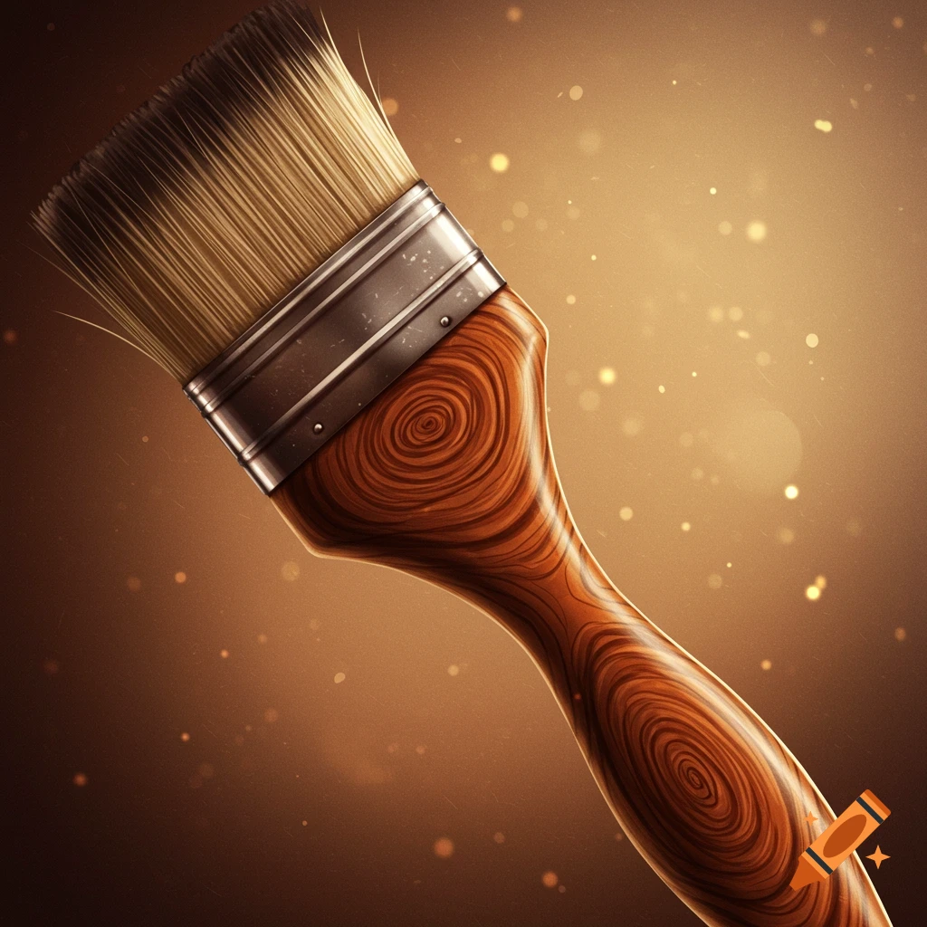 A close-up of a paintbrush with a detailed wooden handle and metallic ferrule, against a warm, blurry background with subtle light particles.
