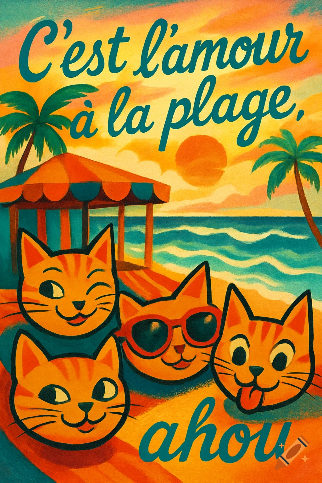 Retro illustration of four stylized orange cats on a sunny beach with a cabana and palm trees. Text: 'C'est l'amour à la plage, ahou'.