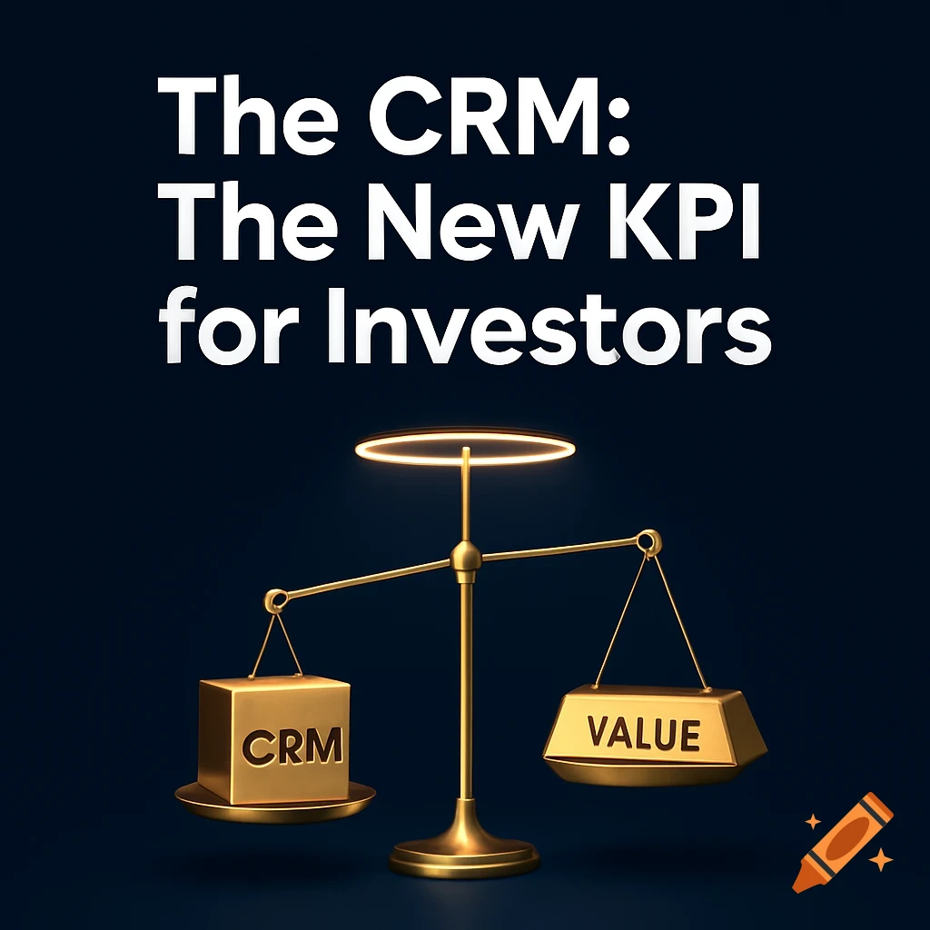 A golden balance scale weighs a cube labeled CRM against an ingot labeled VALUE, with the title 'The CRM: The New KPI for Investors'.